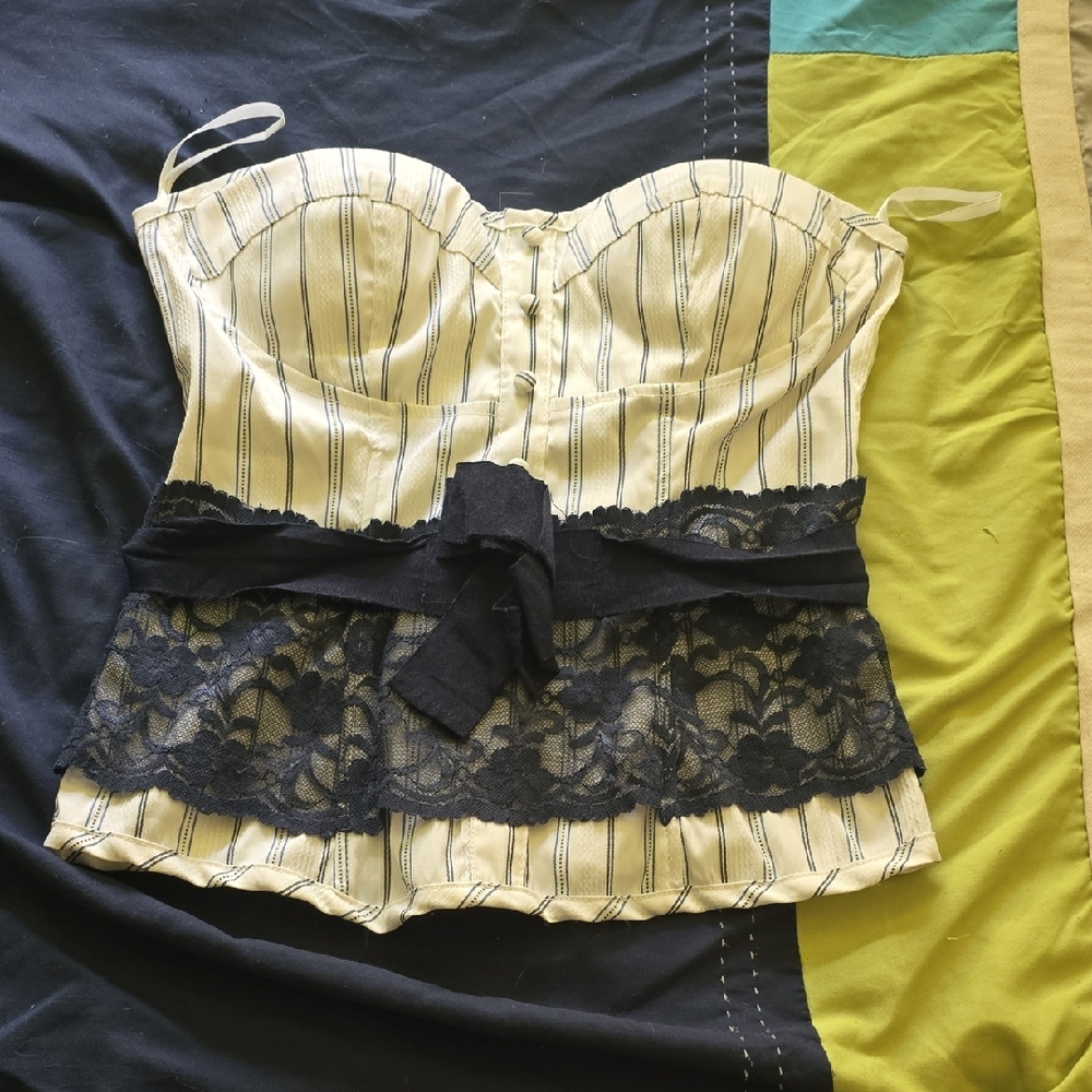 Charlotte Russe Cream and Black Striped Lace Top